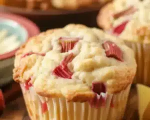 Delicious Rhubarb Muffins: A Must-Bake Recipe! 6 Freshly baked rhubarb muffins with cinnamon topping and chunks of rhubarb.