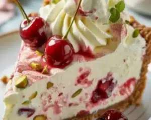 Delightful Lemon-Lime Cherry Pistachio Cheesecake 4 Lemon-Lime Cherry Pistachio Cheesecake topped with cherries and pistachios.