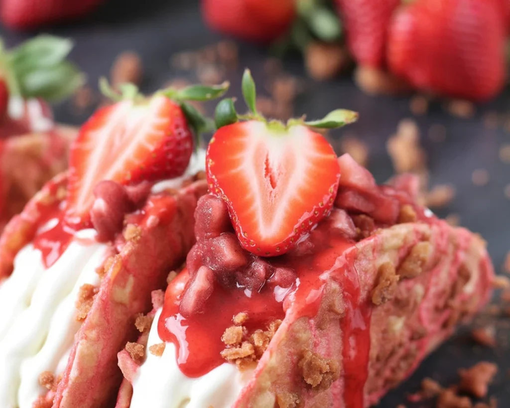Delicious Fruity Pebbles Cheesecake Tacos with colorful cereal shells and creamy filling.