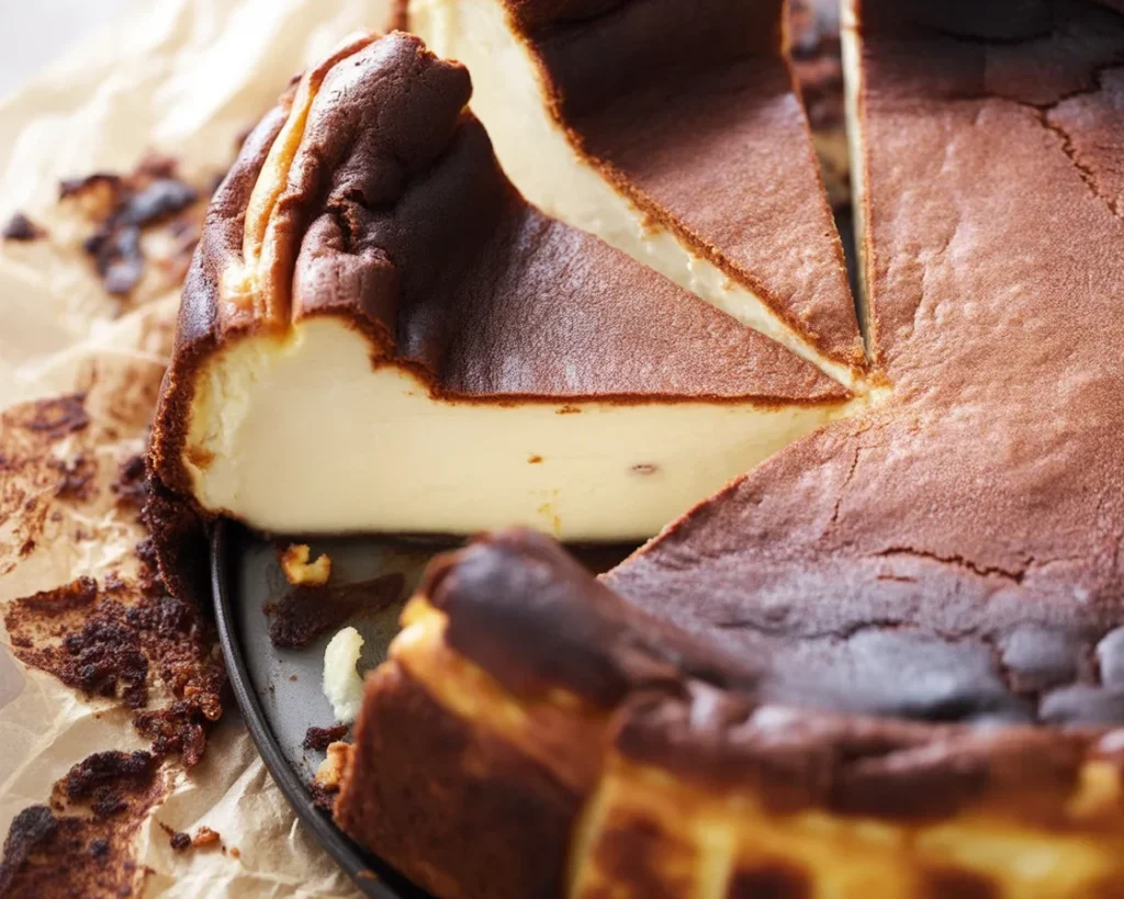 Delicious Basque cheesecake with a burnt top and creamy interior served on a plate