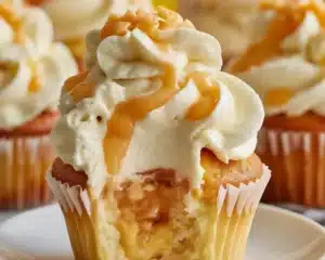 Irresistible Honey Peach Cream Cheese Cupcakes to Savor 4 Delicious Honey Peach Cream Cheese Cupcakes with fresh peaches and honey drizzle.