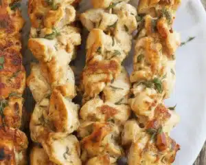 Savory Garlic Parmesan Grilled Chicken Delight 4 Juicy Garlic Parmesan Grilled Chicken skewers with garlic and lemon seasoning on a grill.