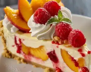 Sweet and Simple Orchard Fresh Cheesecake Recipe 4 Delicious Orchard Fresh Cheesecake topped with fresh peaches and raspberries.
