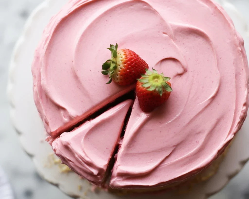 Delicious slice of the best strawberry cake ever topped with fresh strawberries and buttercream.