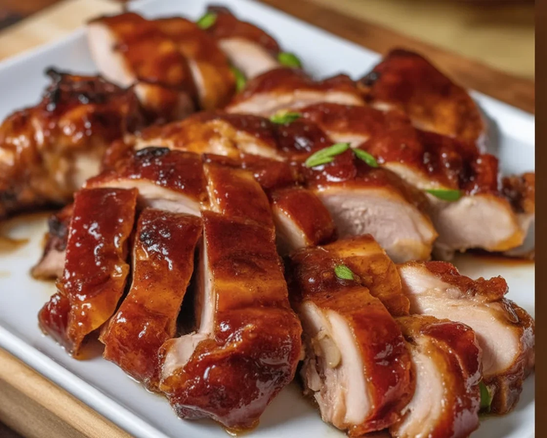 Delicious Char Siu Chicken served with vegetables and rice, showcasing Chinese BBQ flavors.