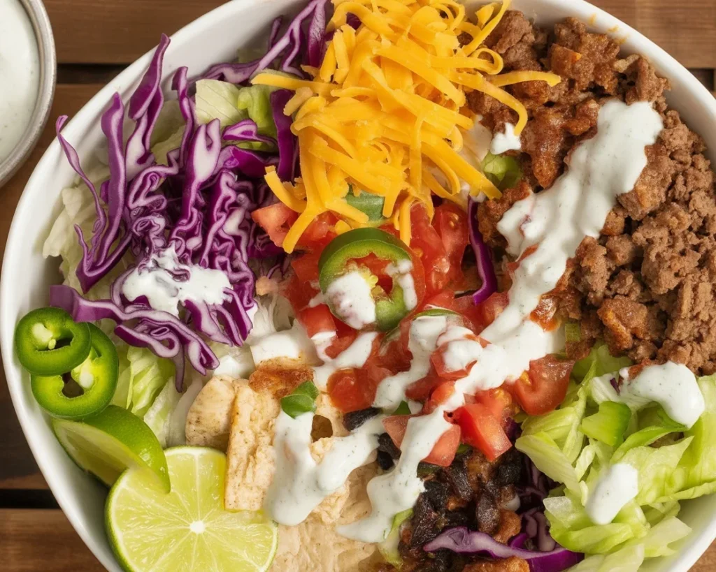 Delicious Easy Beef Taco Bowl with ground beef, fresh vegetables, and toppings.