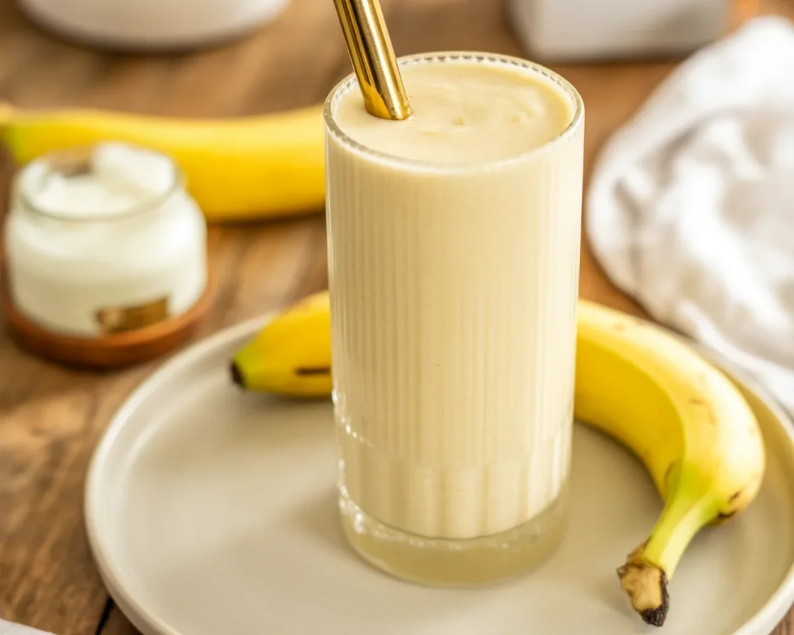 Healthy banana smoothie for weight loss with almond milk and ice cubes.
