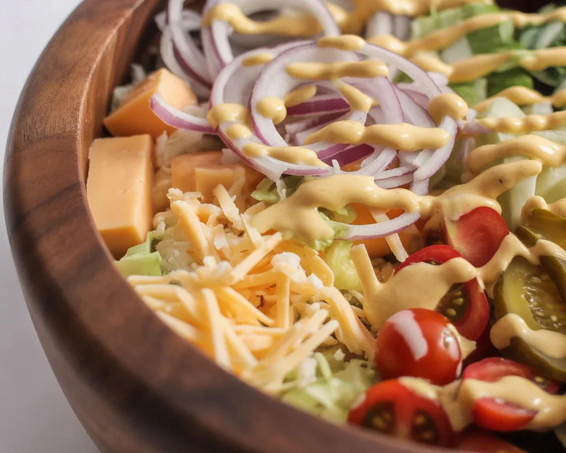 Delicious Big Mac in a bowl with ground beef, lettuce, cheese, and special sauce.