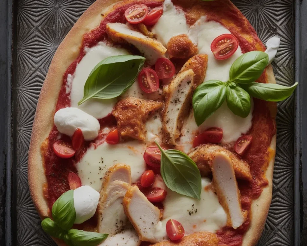 Delicious homemade chicken parm pizza topped with marinara and mozzarella cheese.