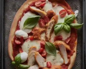 chicken parm pizza 4 Delicious homemade chicken parm pizza topped with marinara and mozzarella cheese.