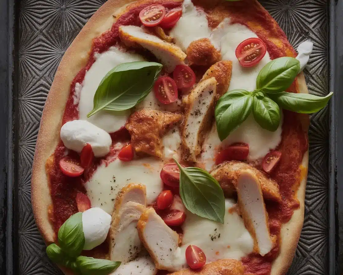 chicken parm pizza 1 Delicious homemade chicken parm pizza topped with marinara and mozzarella cheese.