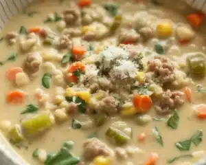 Cozy Sausage Corn Chowder: A Creamy One-Pot Delight! 6 Bowl of creamy sausage corn chowder topped with fresh herbs, a comforting one-pot meal.