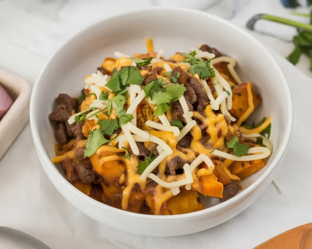 High protein taco bowl with lean ground beef and black beans, nutritious and flavorful.