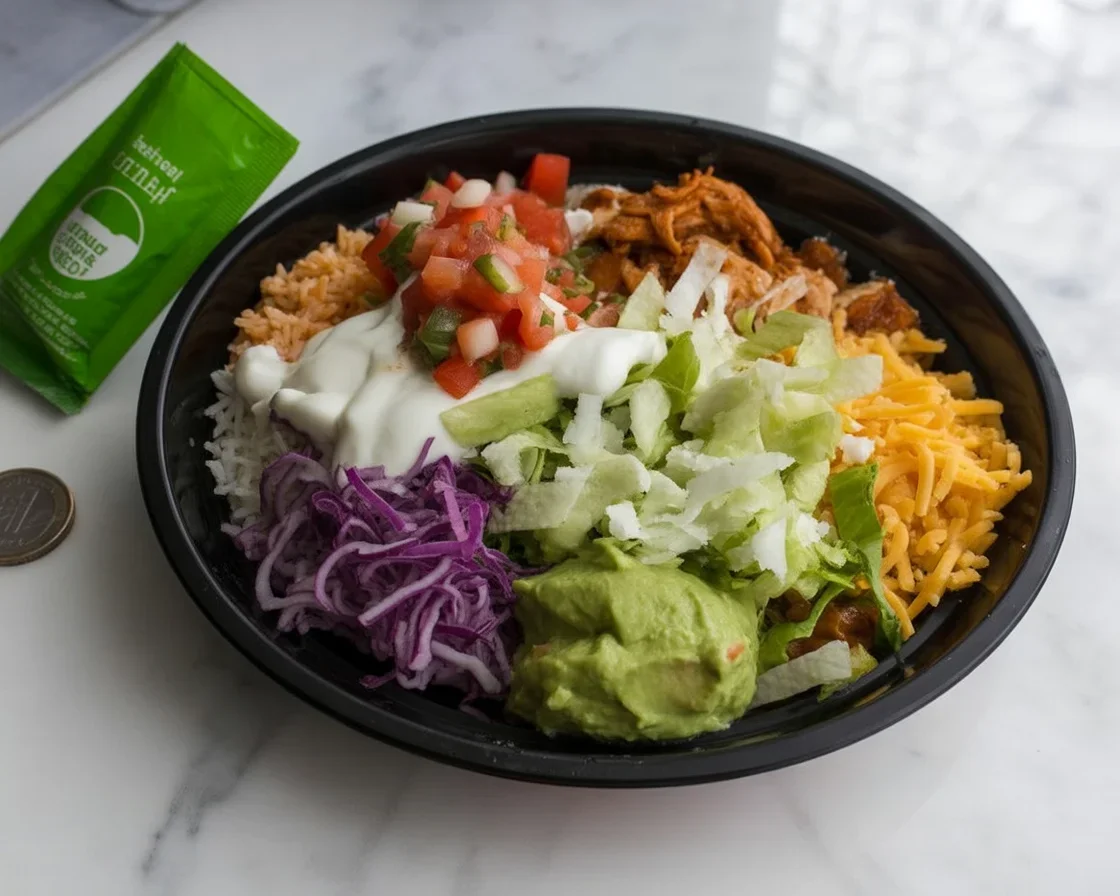 Taco Bell Cantina Chicken Bowl displaying nutritional information and calorie count.