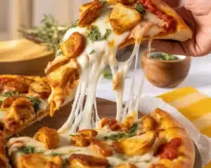 EASY CHICKEN PARMESAN PIZZA STYLE RECIPE with golden crust and melted cheese.
