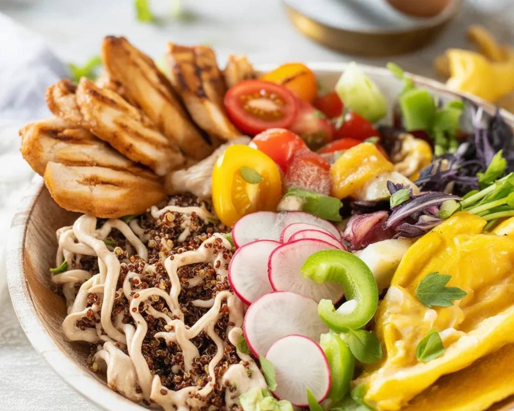 Healthy taco bowl featuring ground turkey, salad greens, and colorful toppings.
