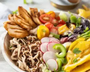Healthy taco bowl featuring ground turkey, salad greens, and colorful toppings.