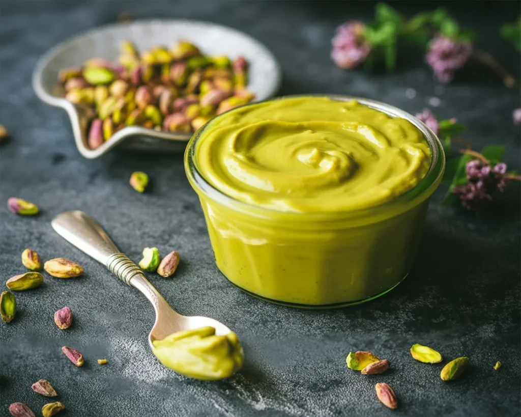 Homemade pistachio cream preparation for Dubai chocolate.