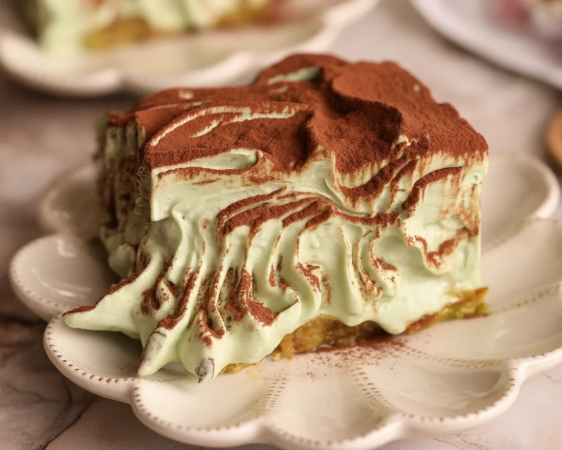 Delicious pistachio tiramisu with coffee-soaked ladyfingers and creamy pistachio mascarpone.