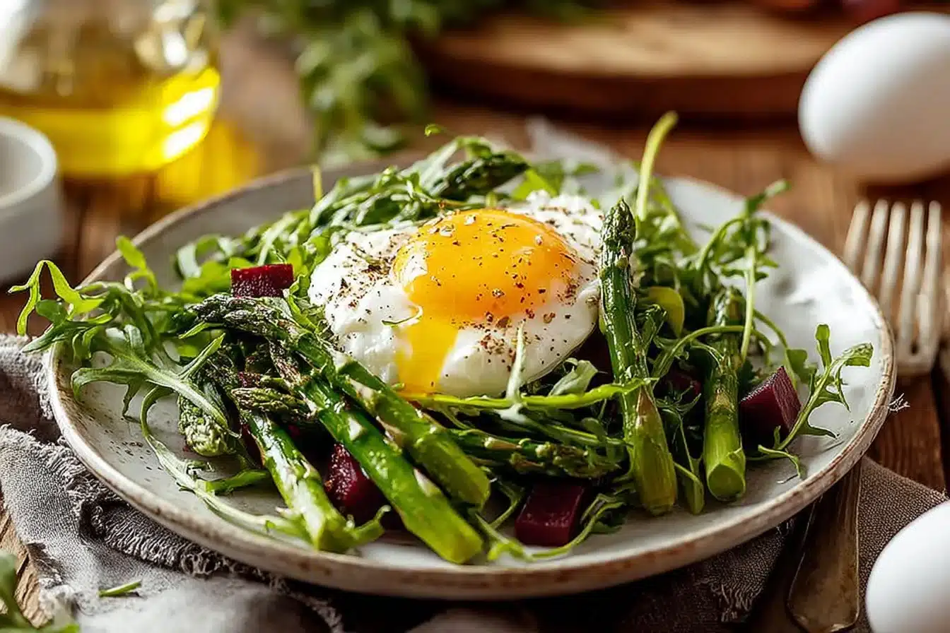 irresistible Poached Eggs with Asparagus Salad recipe 1 Delicious poached eggs served on a fresh asparagus salad