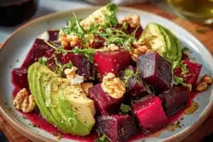 Roasted beet salad with fresh greens, nuts, and a vibrant dressing served in a bowl.