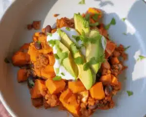 Black Bean Sweet Potato Taco Skillet topped with tortilla chips and avocado