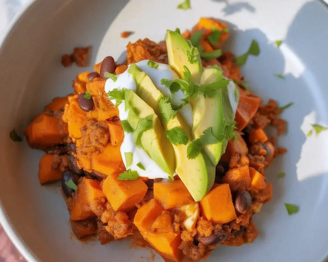 Savory Black Bean & Sweet Potato Taco Skillet in Just 30 Minutes 1 Black Bean Sweet Potato Taco Skillet topped with tortilla chips and avocado