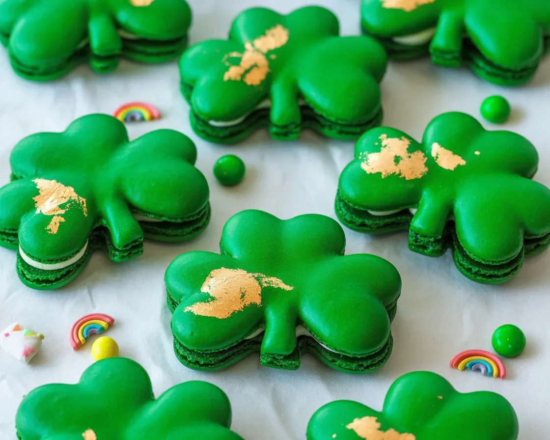 Shamrock macarons decorated with gold leaf and filled with Baileys chocolate ganache.