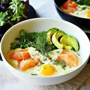 Smoked salmon and leek eggs beautifully plated for a tasty breakfast