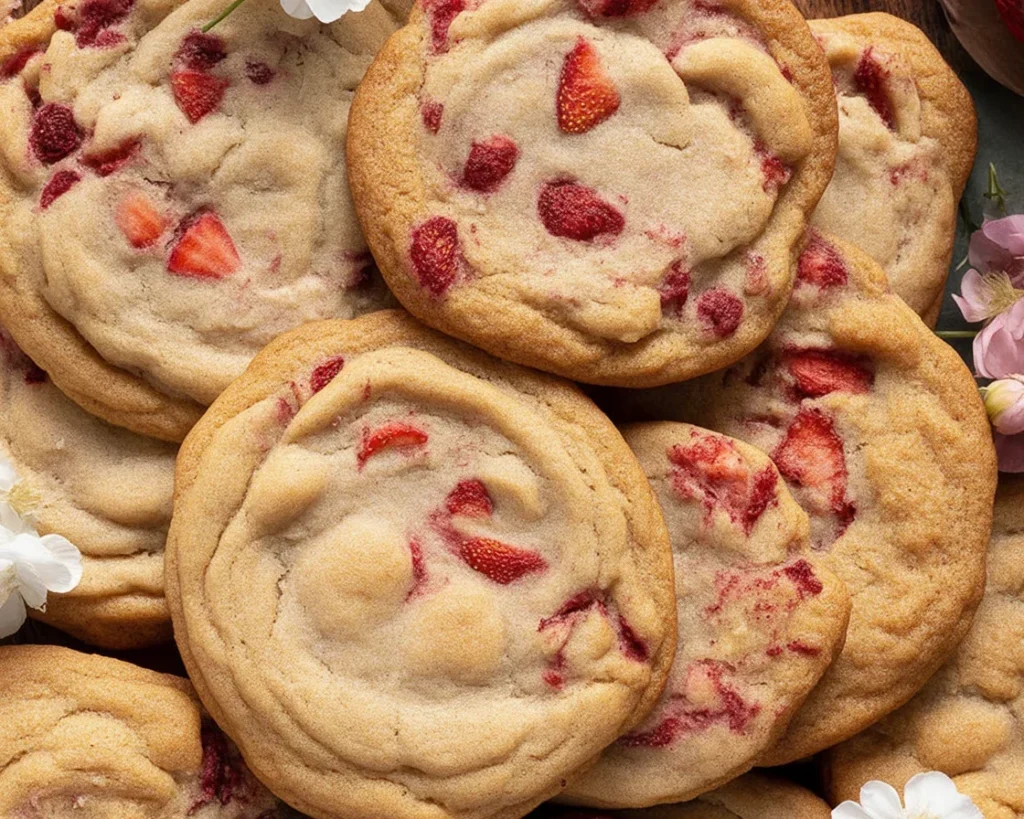 Freshly baked strawberries and cream cookies with creamy texture and vibrant strawberries.