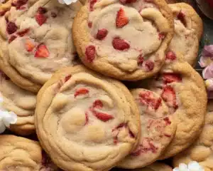 Strawberries and Cream Cookies — Soft, Pink, and Irresistible 6 Freshly baked strawberries and cream cookies with creamy texture and vibrant strawberries.