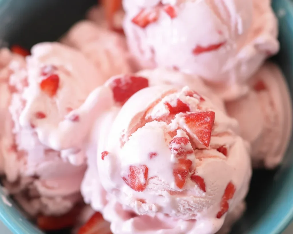 Delicious bowl of strawberries and cream ice cream made with fresh strawberries and cream.