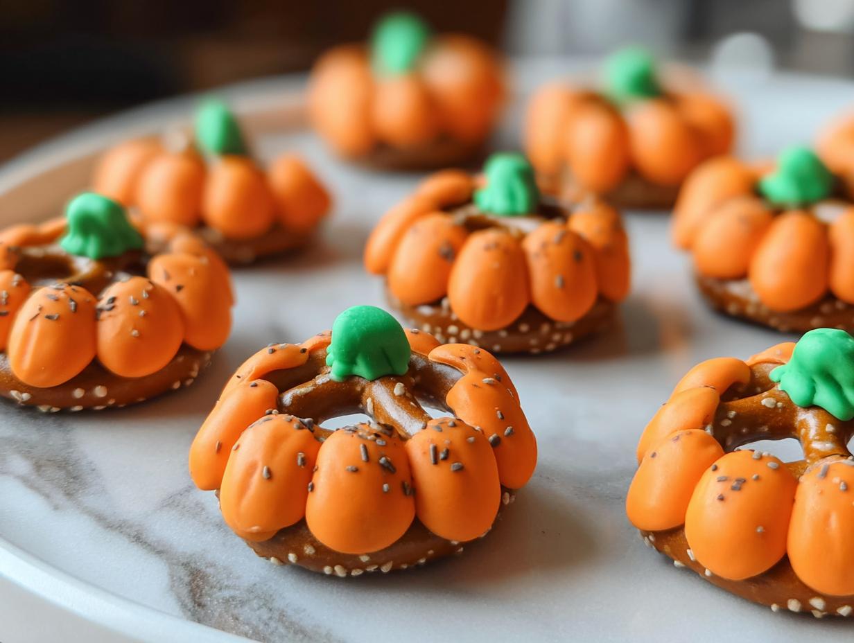 Mini Pretzel Pumpkins - Close-up of finished pumpkin treats