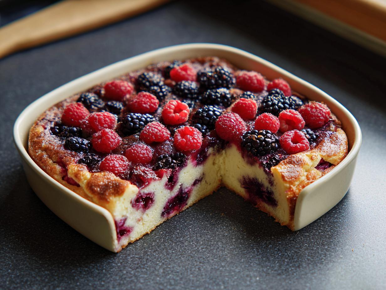 High Protein Triple Berry Bake sliced and ready to serve