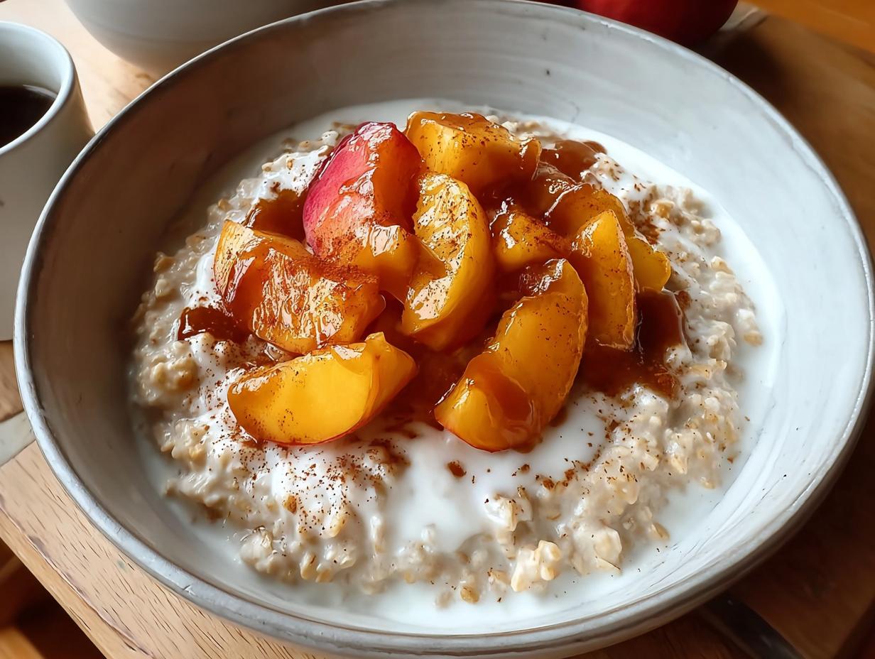 Nourishing Creamy Peach Oatmeal: 10 Min Bliss - Sautéed peaches with cinnamon and date syrup