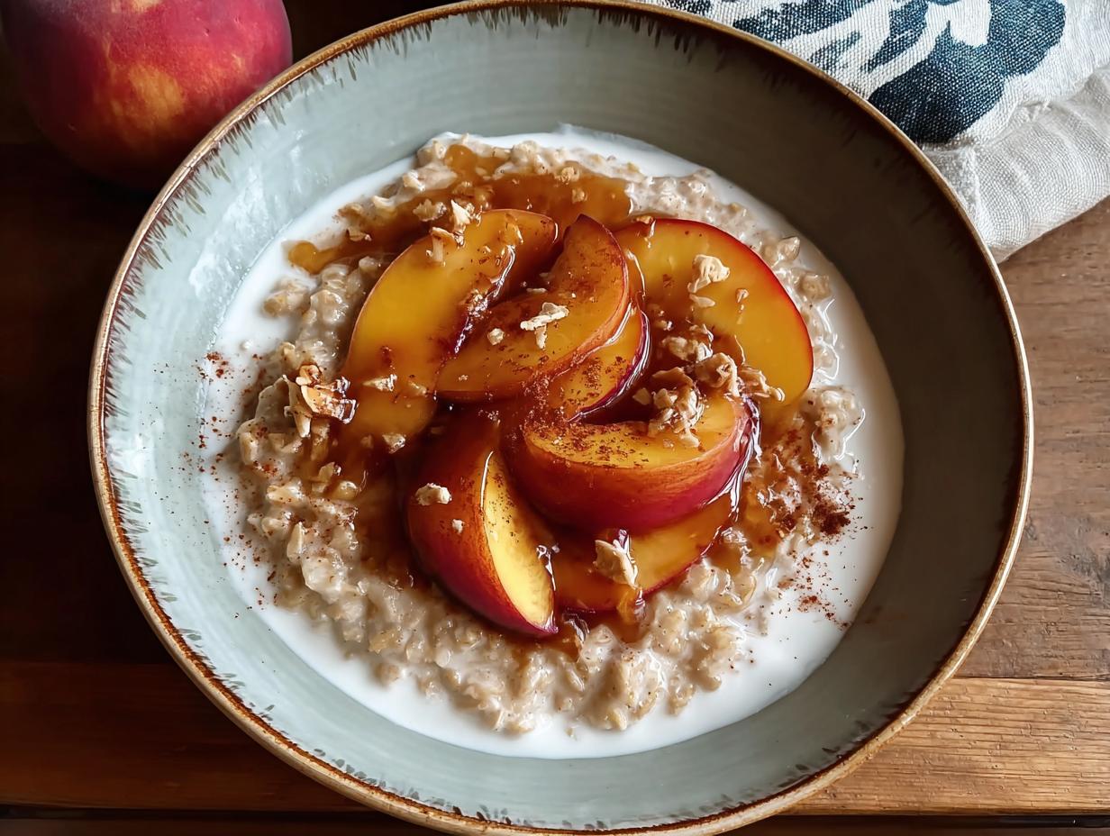 Nourishing Creamy Peach Oatmeal: 10 Min Bliss - A bowl of creamy peach oatmeal topped with caramelized peaches and a drizzle of nut butter
