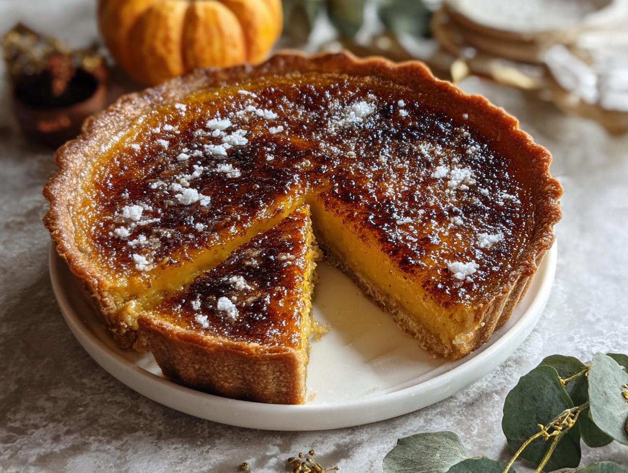 Sensational Pumpkin Pie Brulee Bourbon - A slice of the pie with bourbon vanilla whipped cream.