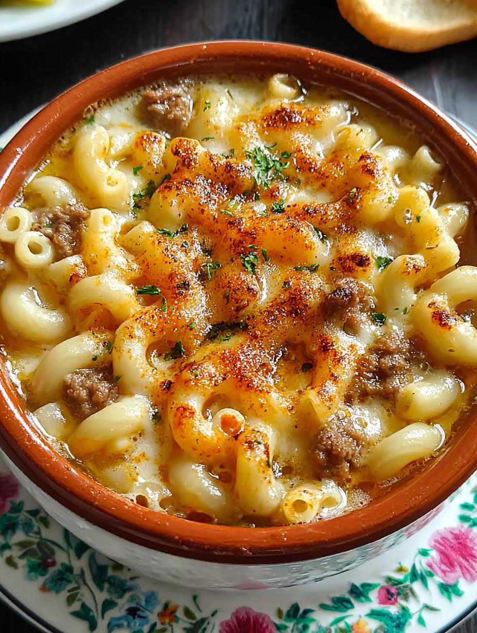Cheeseburger Macaroni Soup: Your 1 Ultimate Comfort Meal - A steaming bowl of Cheeseburger Macaroni Soup topped with melted cheese