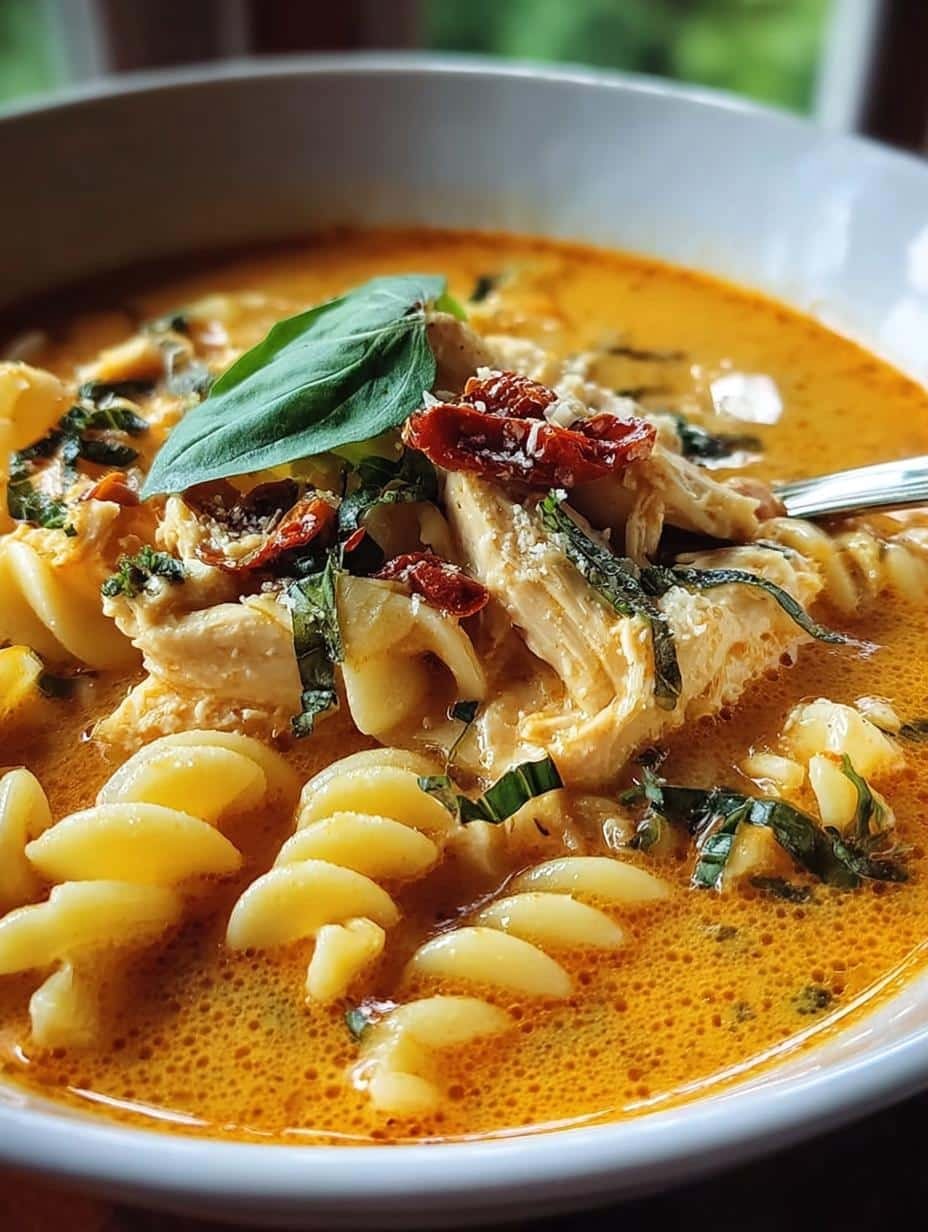 Creamy Sun Dried Tomato: 1 Amazing Comfort Soup 3 Close-up of sun-dried tomatoes in creamy soup