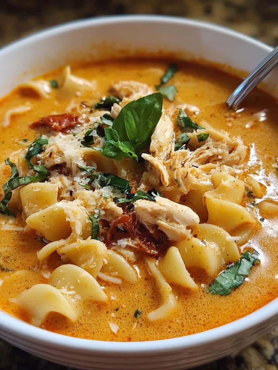 Creamy Sun Dried Tomato: 1 Amazing Comfort Soup 4 Bowl of creamy sun-dried tomato soup garnished with basil