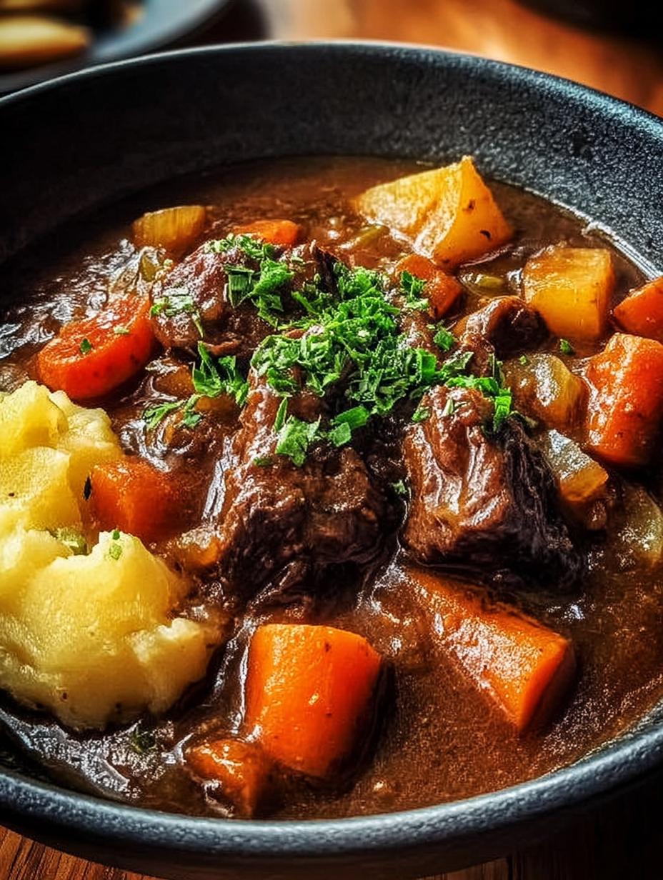 Guinness Beef Stew: 1 Incredible Recipe 4 Guinness Beef Stew Incredible - A serving of stew in a rustic bowl, garnished with parsley