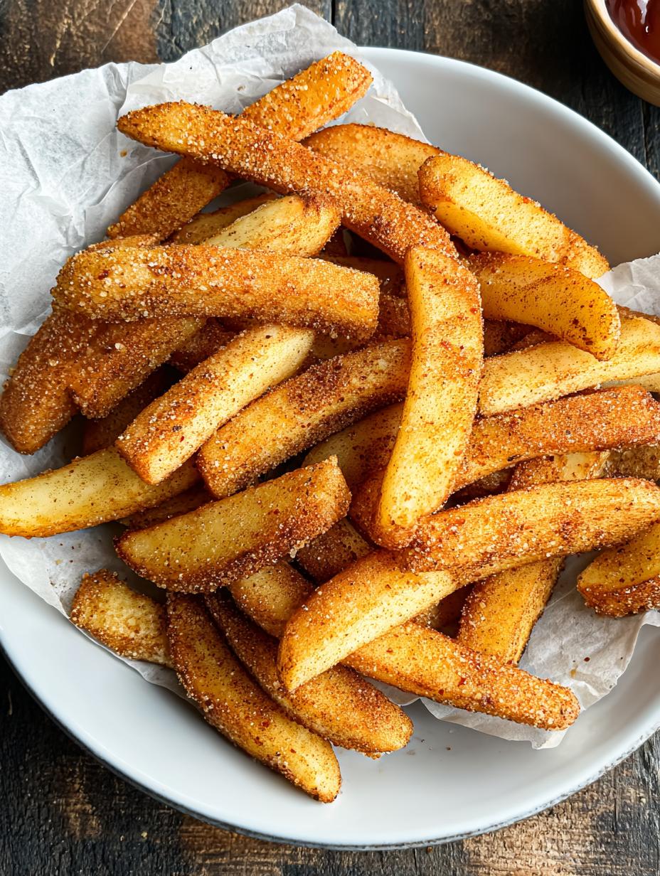 Close-up of crispy air fryer apple fries dusted with cinnamon sugar
