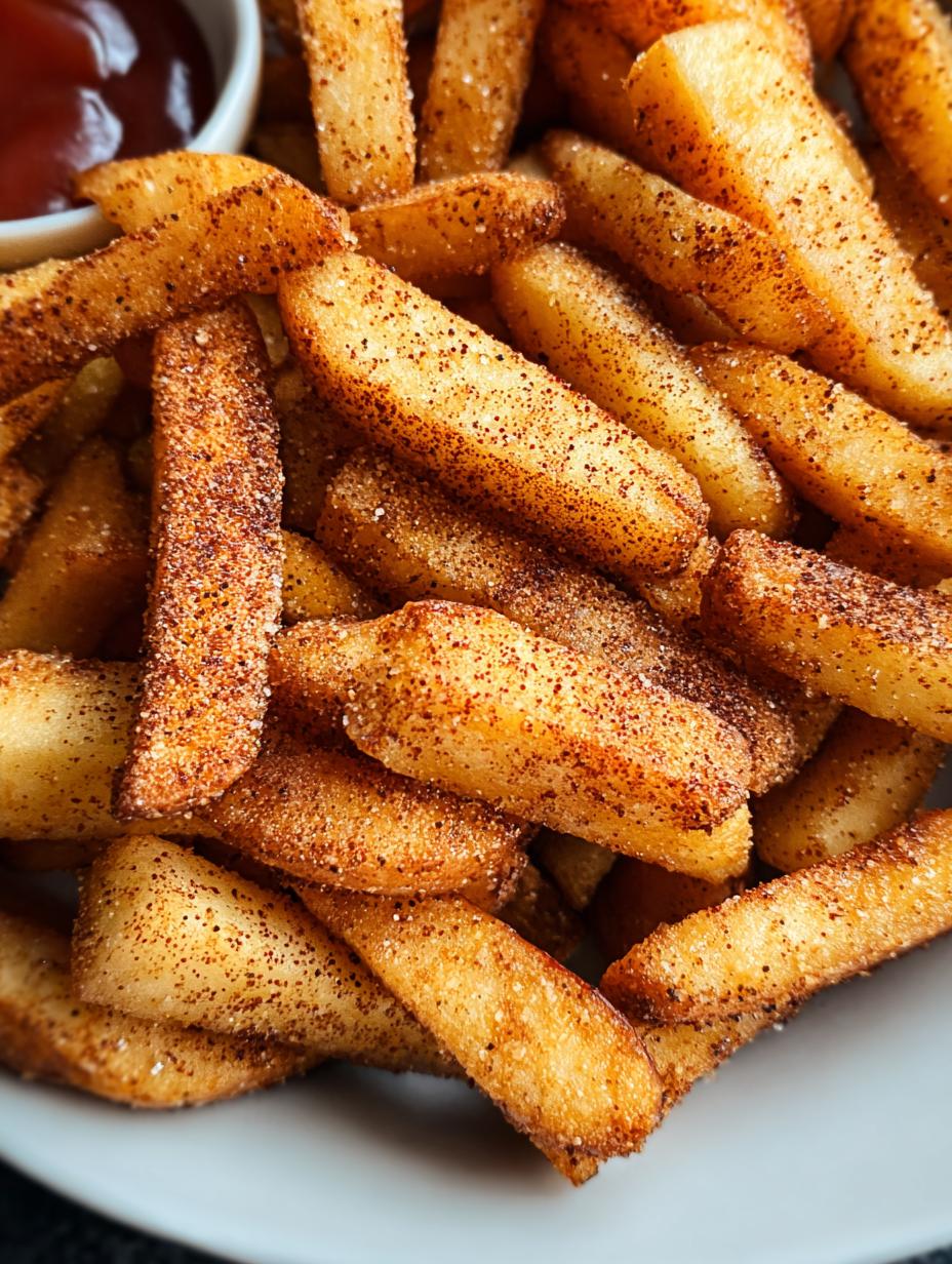 Air fryer apple fries served with a side of caramel dipping sauce
