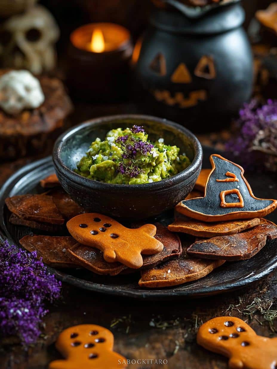 Witch Themed Snack Ideas: 1 Magical Recipe 3 Witch Themed Snack Ideas: Witches' Brew Guacamole served in a spooky bowl with Petrified Pita Chips