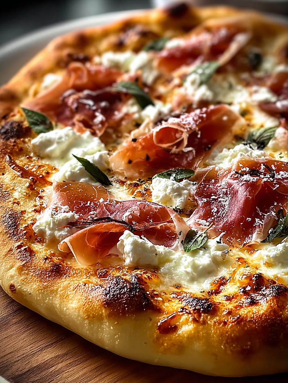 White Pizza with Prosciutto: 5 Irresistible Variations 2 Irresistible White Pizza with Prosciutto fresh from the oven on a wooden board