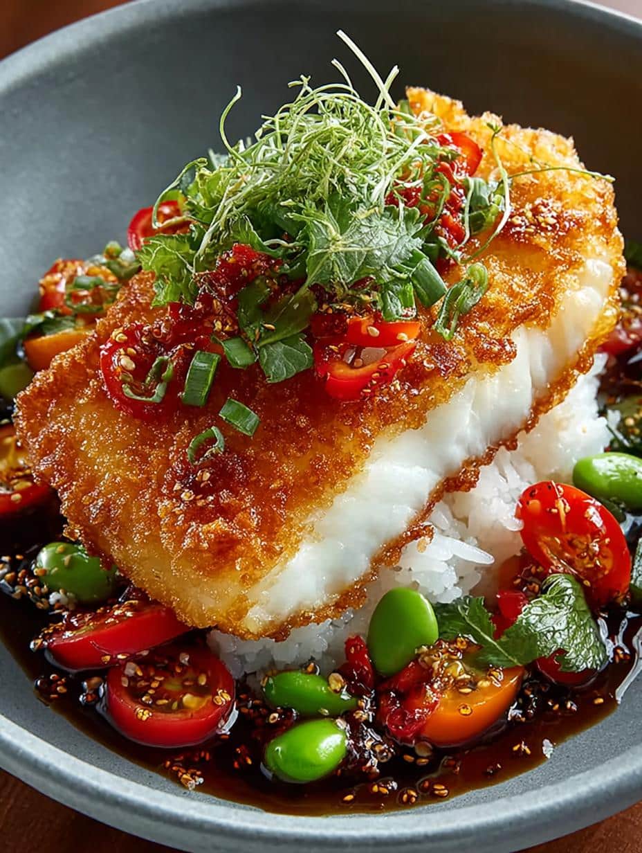 Halibut Tempura with Japanese Pickles & Rice Delight - Halibut Tempura with Japanese - additional detail