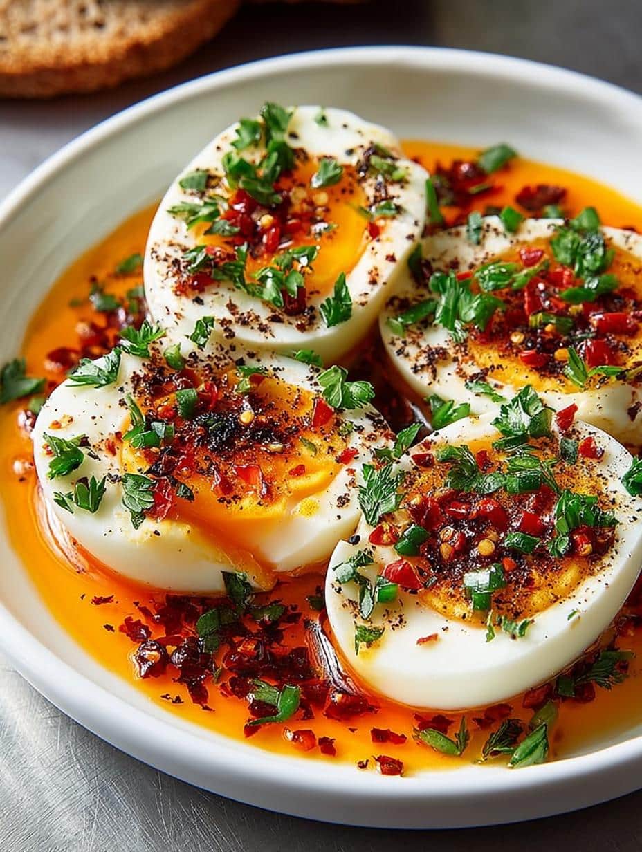 Jammy Eggs with Chili: 7 Steps to Spicy Perfection 2 Irresistible Jammy Eggs with Chili served with garlic yogurt and chili butter sauce