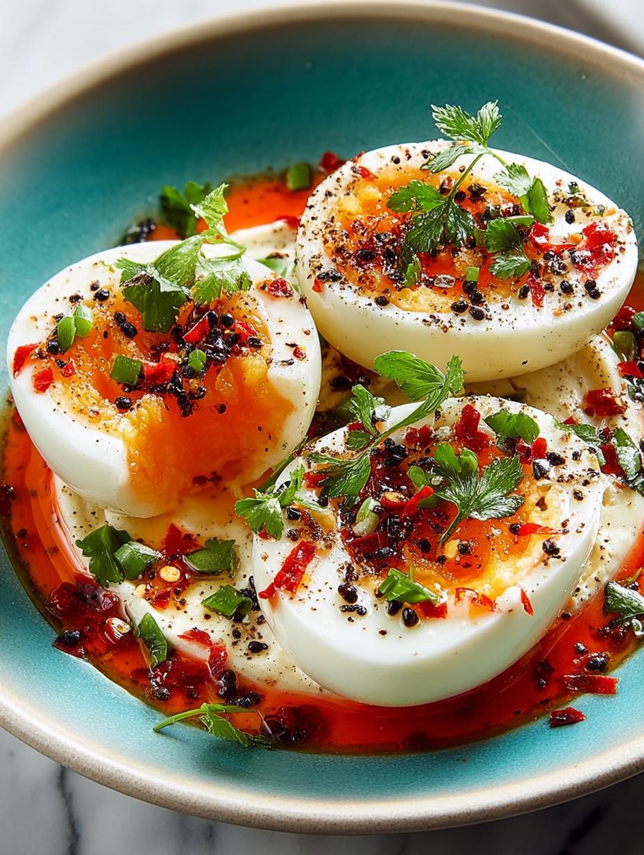 Jammy Eggs with Chili: 7 Steps to Spicy Perfection 3 Delicious Jammy Eggs with Chili garnished with parsley and served with toasted bread