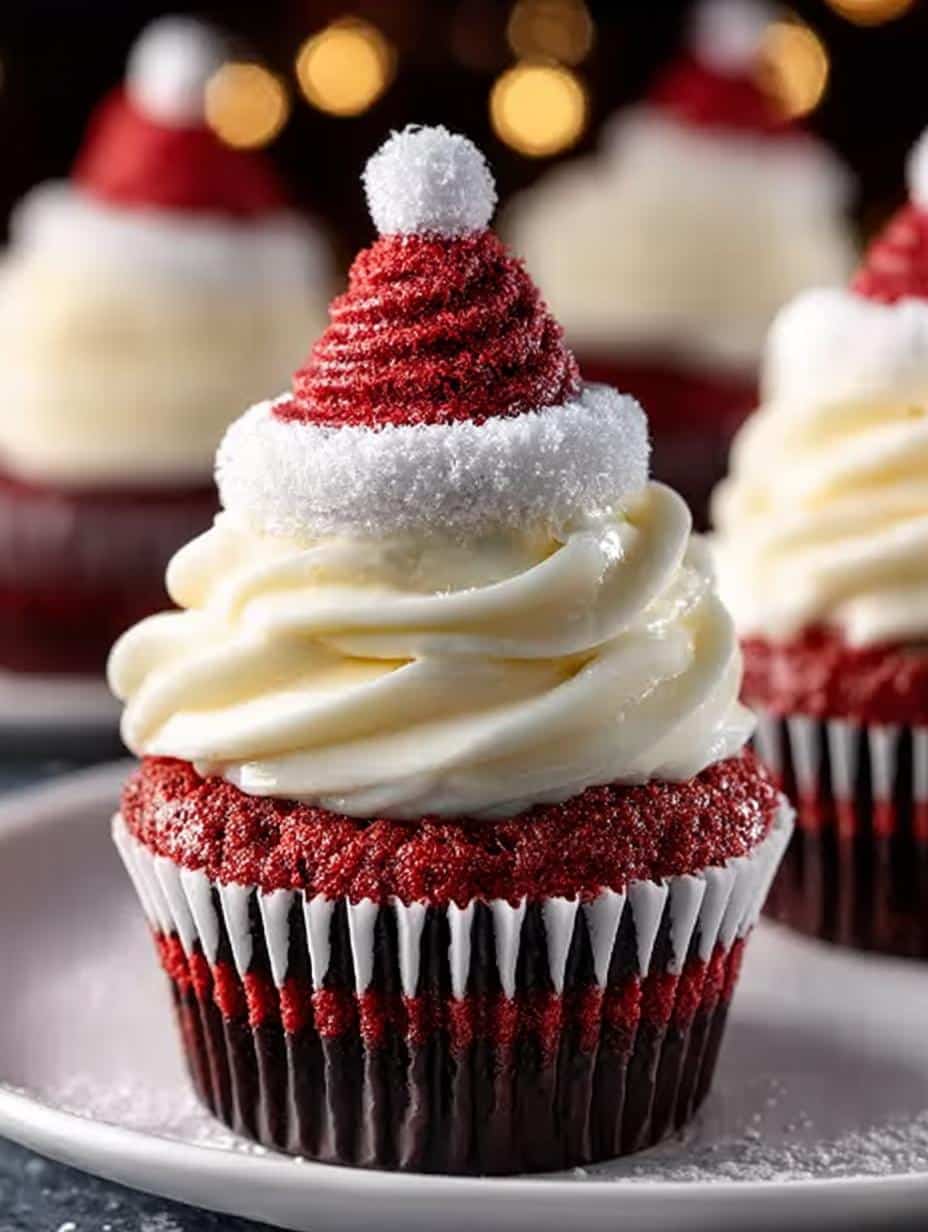 Santa Hat Topped Red Velvet Cupcakes for the Holidays 1 Santa Hat Topped Red