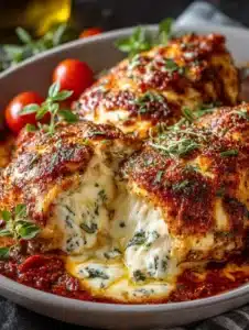 Cheesy Mozzarella Chicken Bake 8 Delicious Cheesy Mozzarella Chicken Bake topped with melted cheese and herbs.